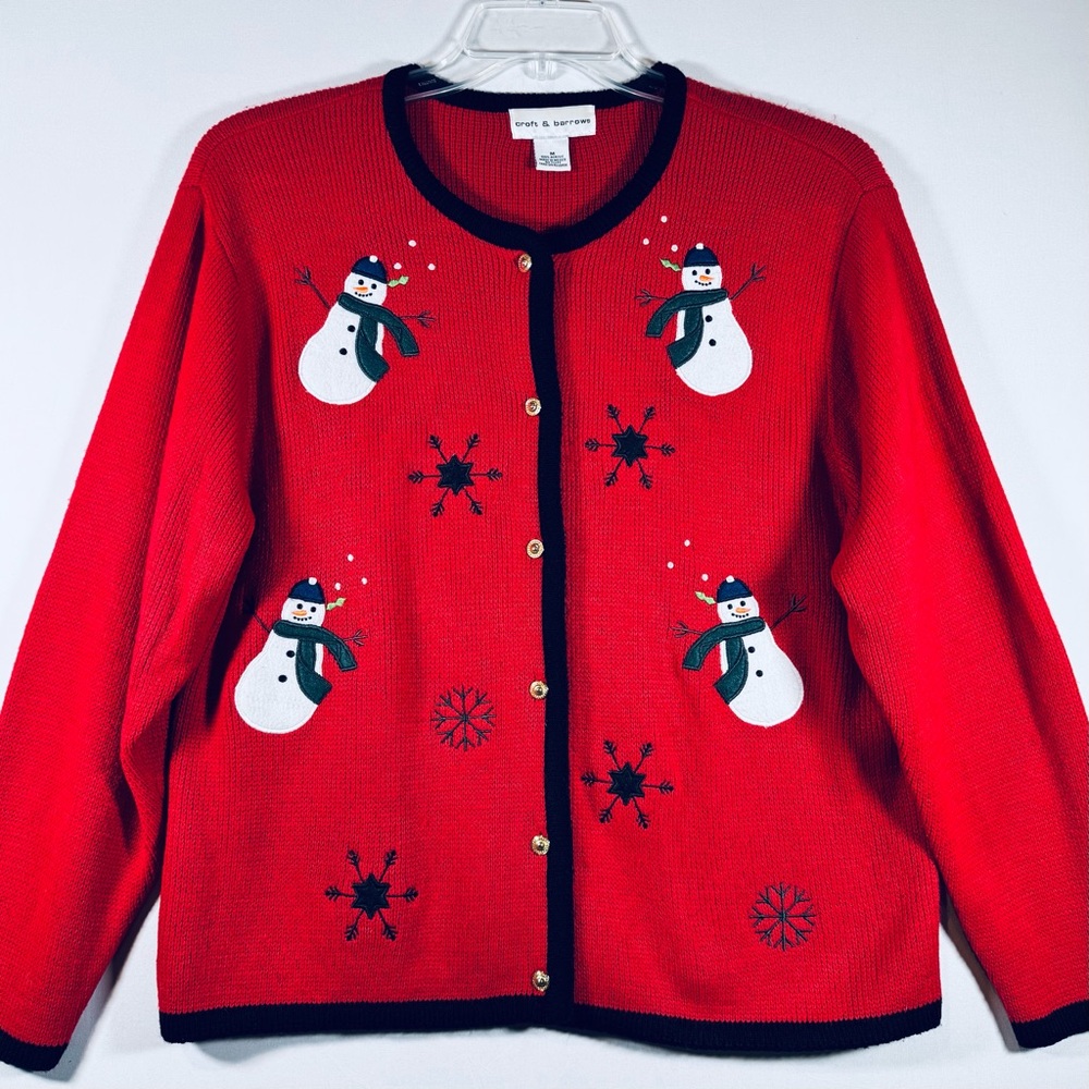 Christmas Cardigan Acrylic Sweater Medium Snowmen Embroidered Holiday Red Black